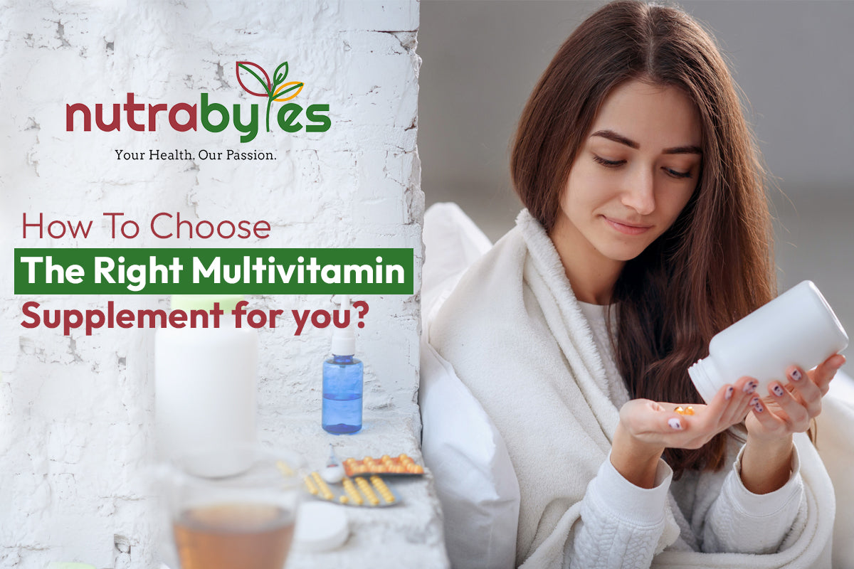 Health-conscious woman evaluating a multivitamin supplement with a guide on choosing the right one, featuring the Nutrabytes logo