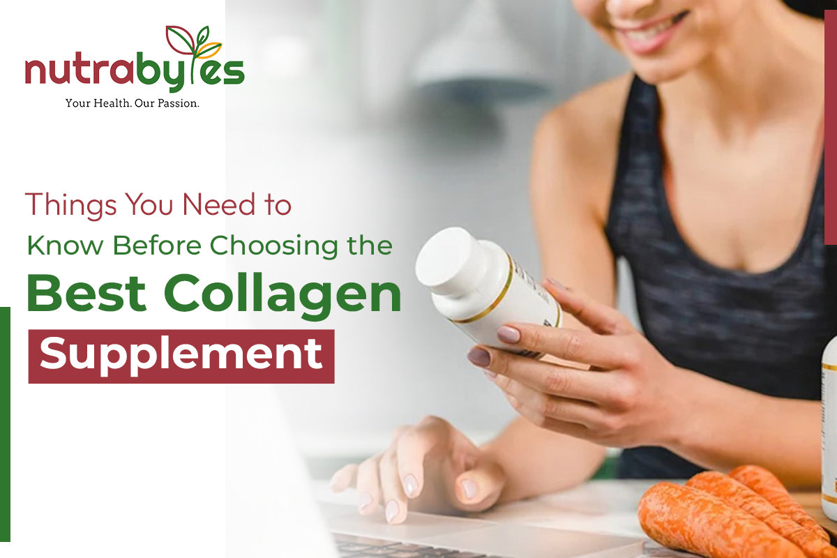 Smiling woman evaluates Nutrabytes’ collagen supplement against a guide for the best choice.