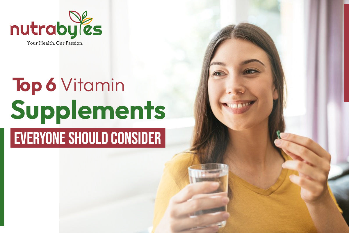 A smiling woman holding a green pill and a glass of water, with text overlay promoting vitamin supplements by Nutrabyes