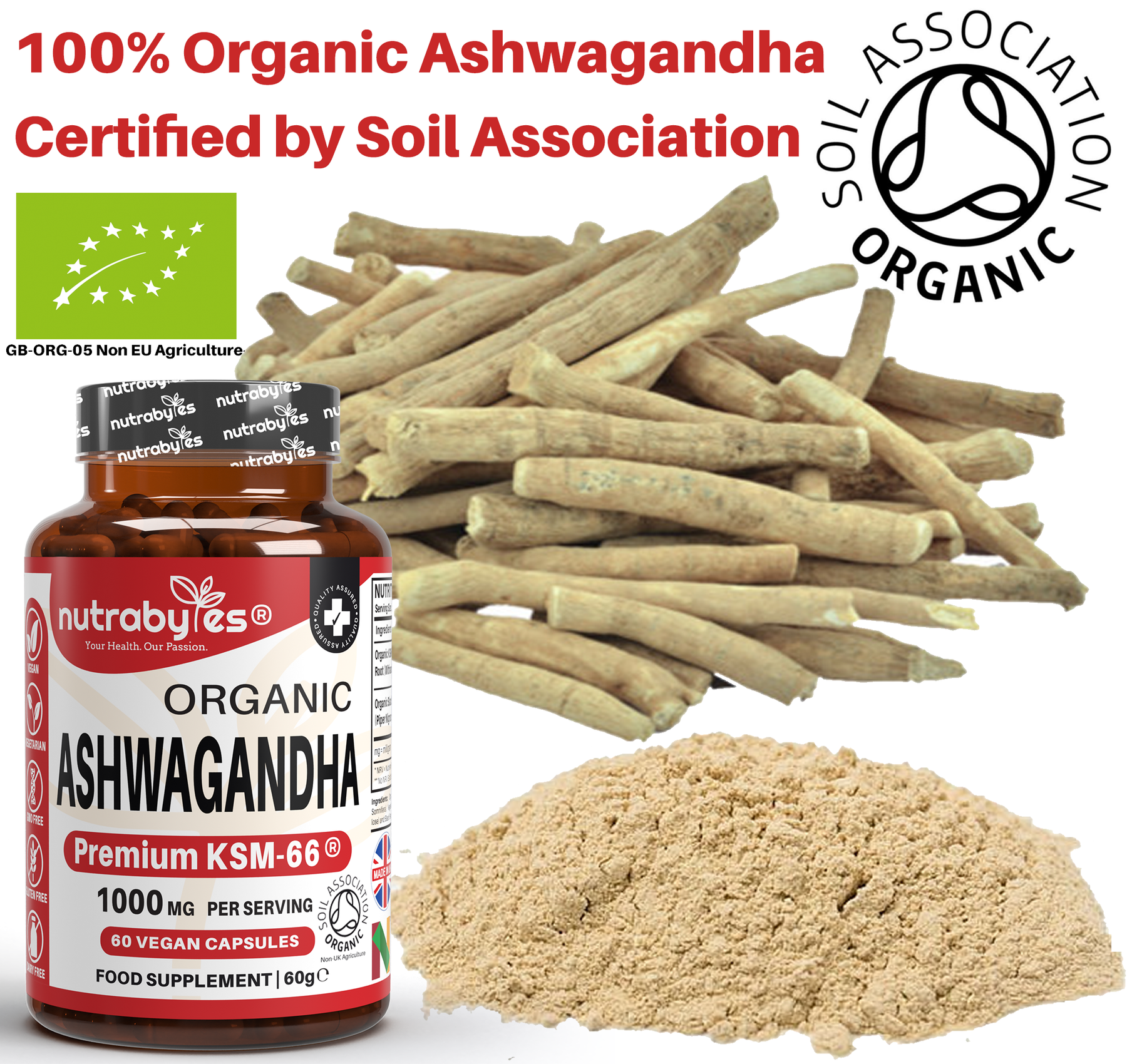 Organic Ashwagandha KSM66® 1000mg Per Serving with Organic Black Pepper, Certified Organic by Soil Association