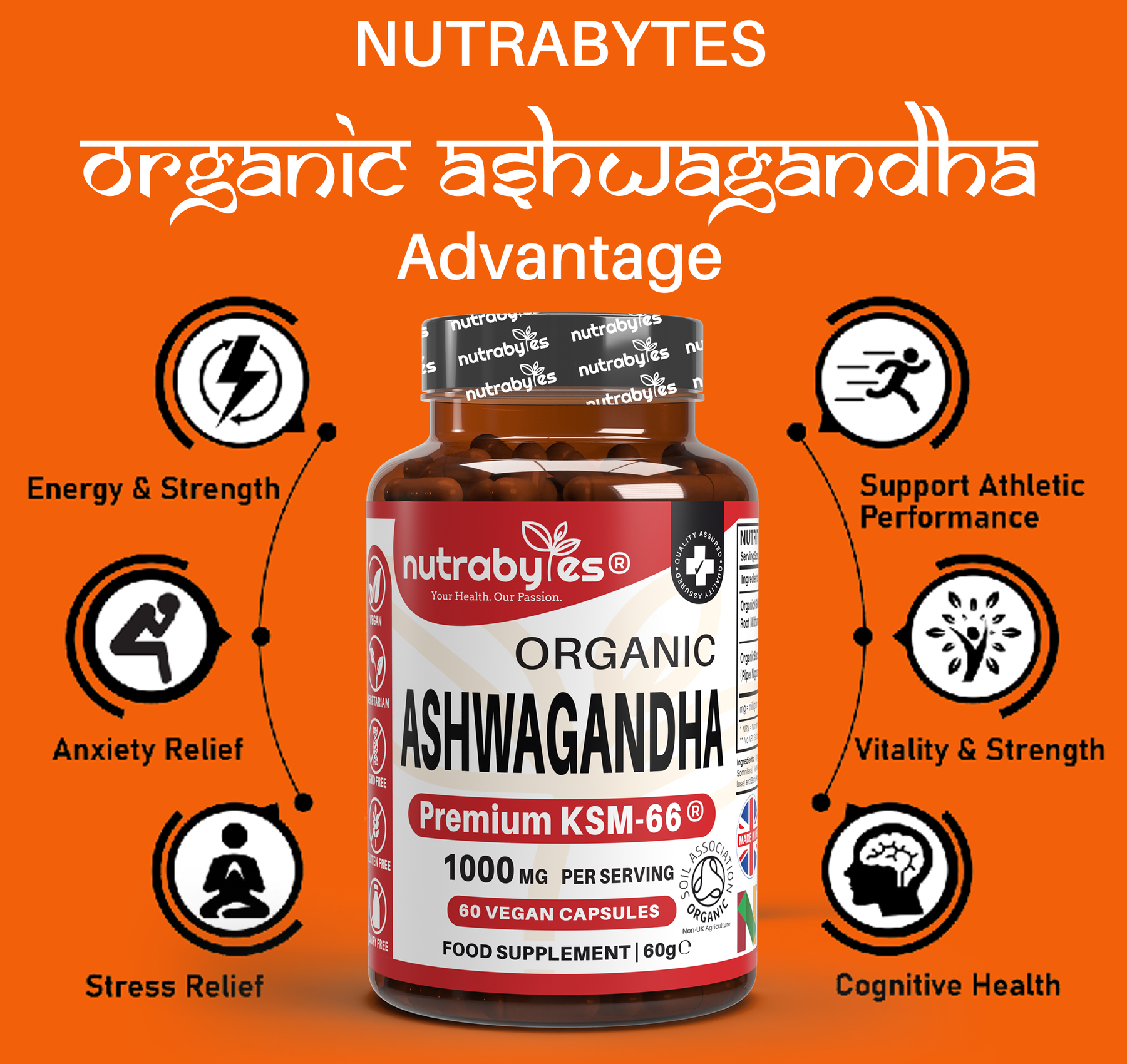 Organic Ashwagandha KSM66® 1000mg Per Serving with Organic Black Pepper, Certified Organic by Soil Association