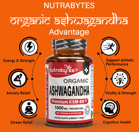 Organic Ashwagandha KSM66® 1000mg Per Serving with Organic Black Pepper, Certified Organic by Soil Association