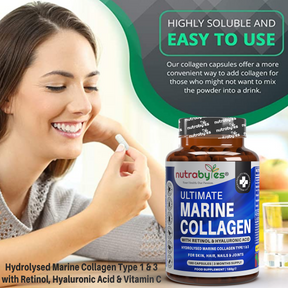 Ultimate Marine Collagen Supplement with Hyaluronic Acid & Vitamin C | 180 Capsules - 3 Months Supply | Collagen Type 1 & 3 | Made in UK