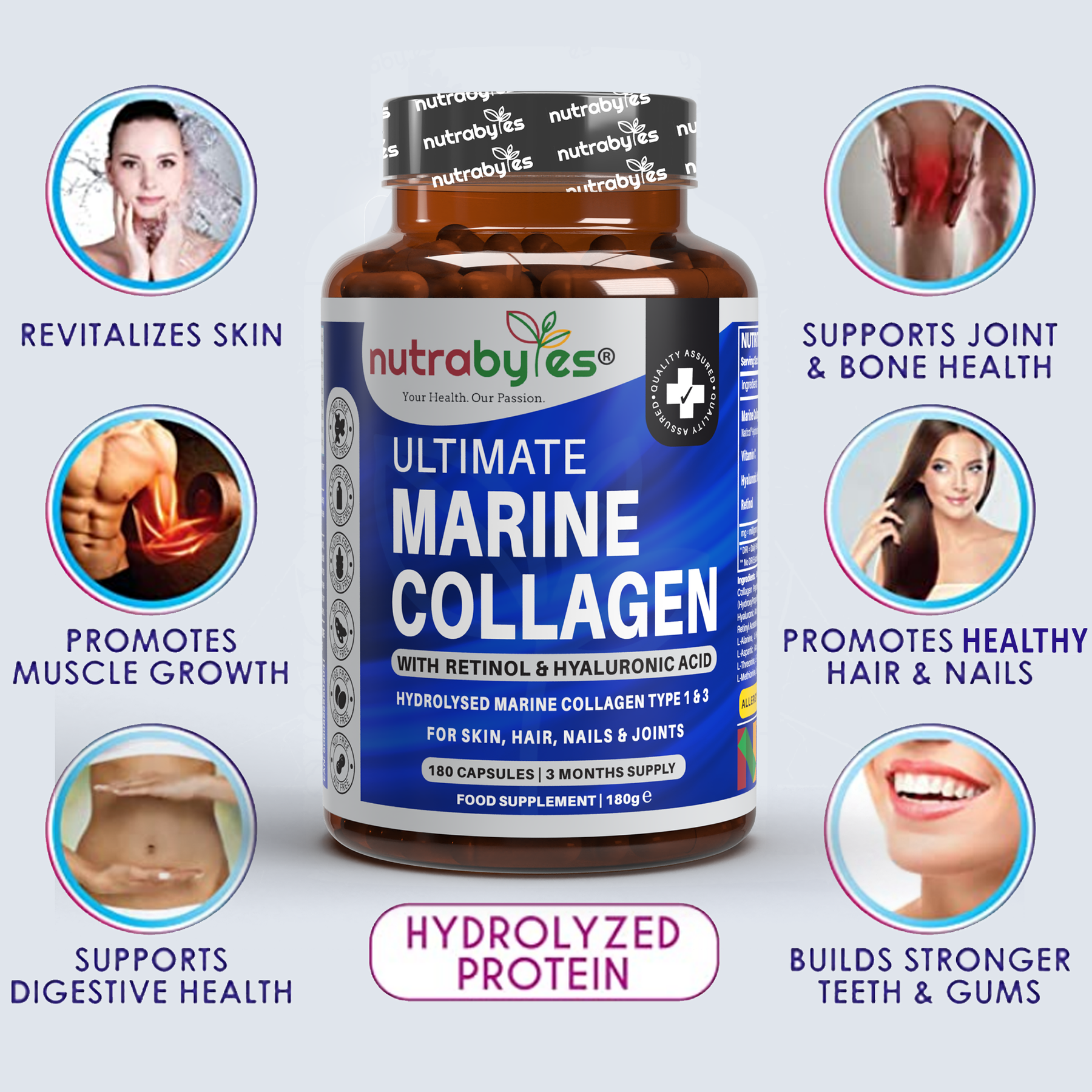 Ultimate Marine Collagen Supplement with Hyaluronic Acid & Vitamin C | 180 Capsules - 3 Months Supply | Collagen Type 1 & 3 | Made in UK