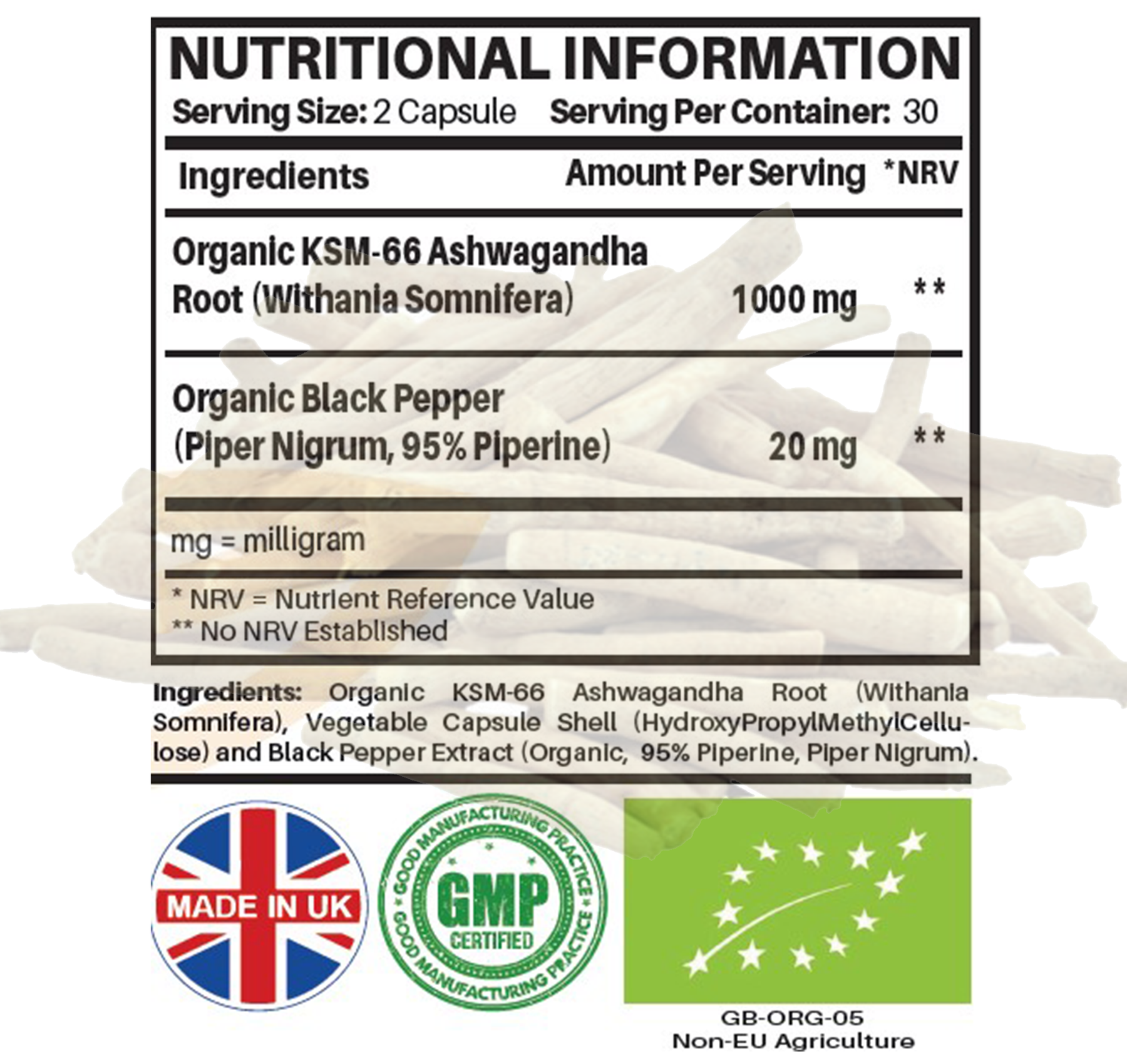 Organic Ashwagandha KSM66® 1000mg Per Serving with Organic Black Pepper, Certified Organic by Soil Association