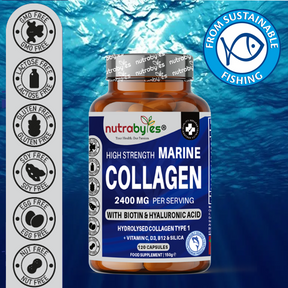 Marine Collagen Complex (Capsules), 2400mg Hydrolysed Marine Collagen (Type 1), Hyaluronic Acid, Biotin, Silica, Vitamin C, D3, B6 and B12 | UK